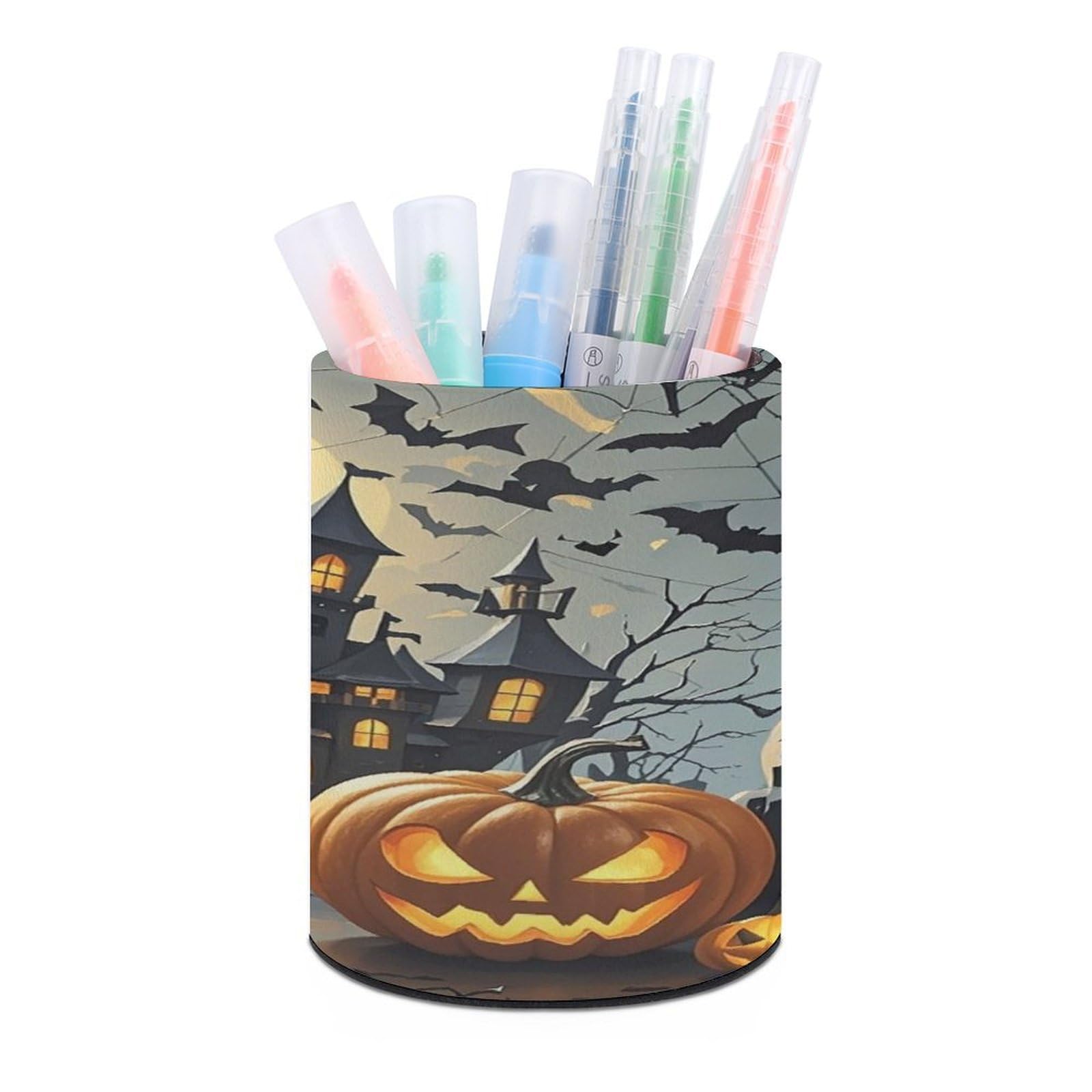 FekiLoot Pumpkin Lantern Castle Pen Holder Cup Fashion PU Leather Pencil Cup Minimalist Pen Organizer Round Pencil Holder Stand Work Locker Accessories for Decoration Desk Office Home