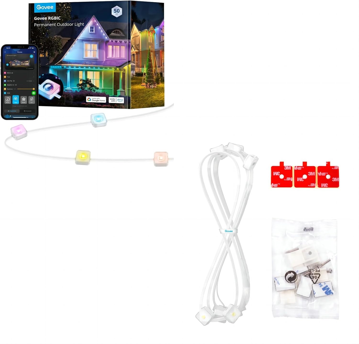 Govee 50ft Permanent Outdoor Lights Bundle 16.4ft Lights with Clips and
