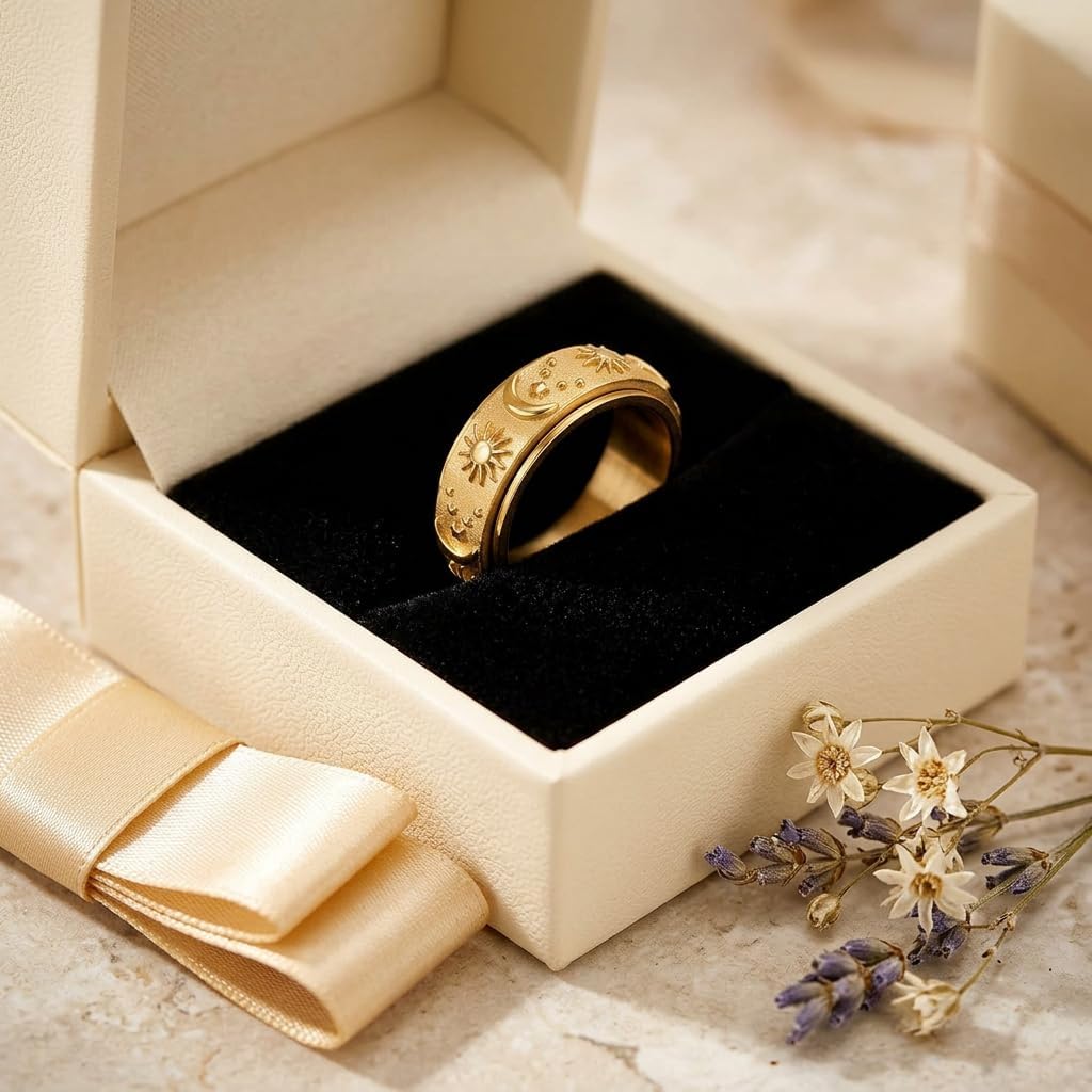 Sun Moon Star Spinner Ring for Women - Gold Plated Stainless Steel Fidget Anxiety Ring, 8mm Celestial Meditation Band Jewelry