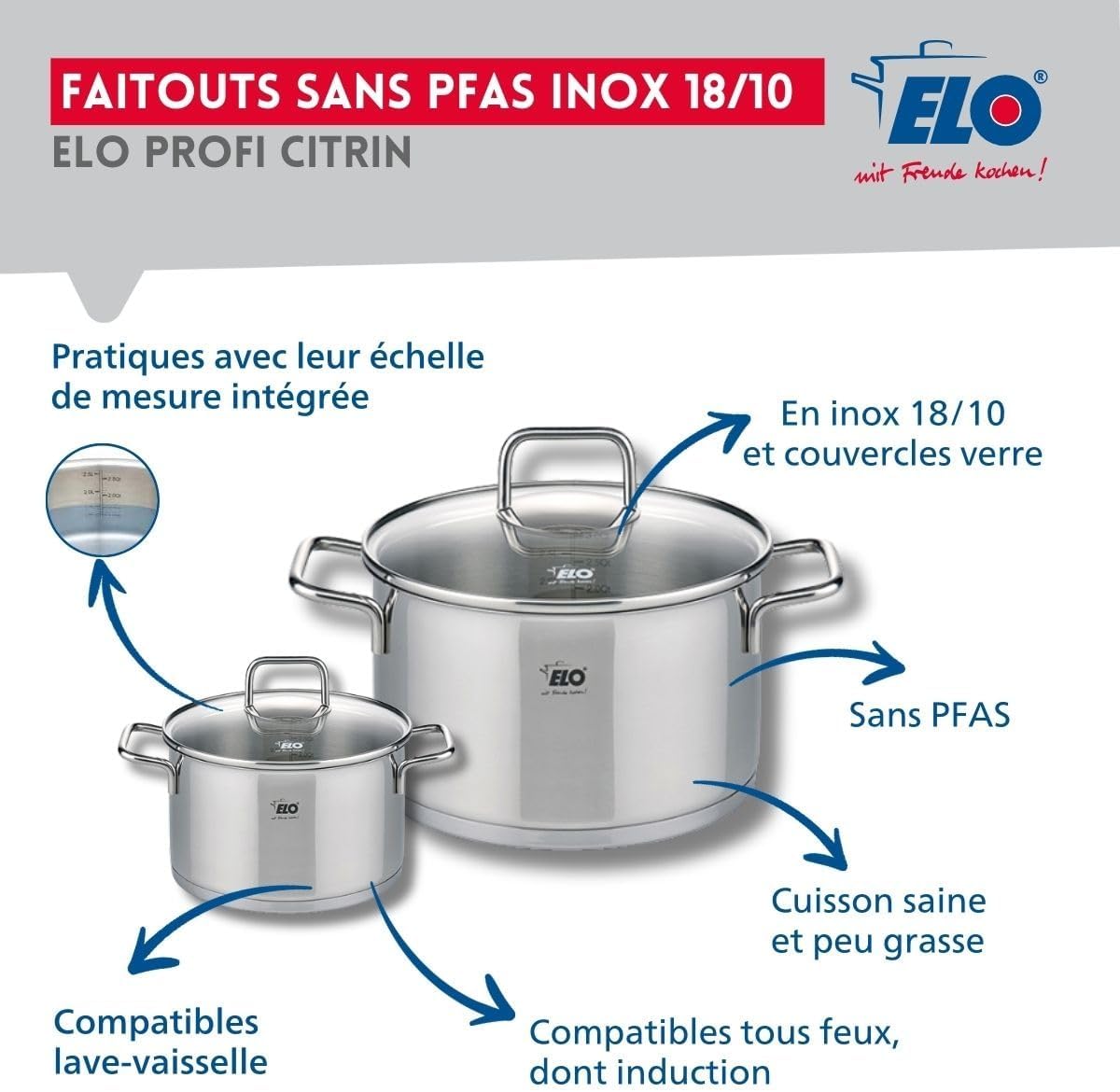 ELO 9505350 Cookware Set 4 Pieces 2 Frying Pans 24 and 32 cm and 2 Saucepans 12 and 20 cm Elo Profi Citrine Stainless Steel Induction