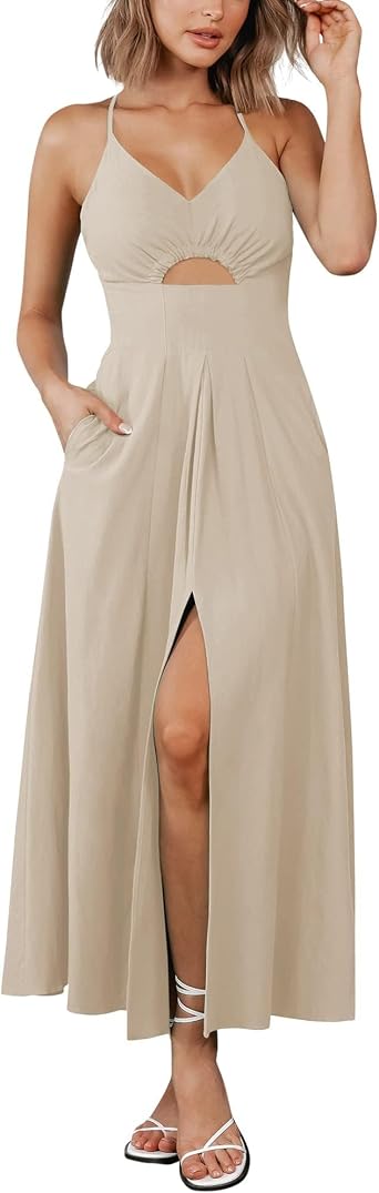BTFBM Women 2026 Spaghetti Strap Midi Summer Dresses Sleeveless V Neck Cutout Slit Casual Beach Party Maxi Dress Pockets
