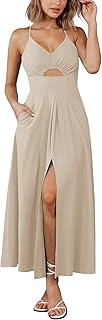 Women 2025 Summer Spaghetti Strap Midi Dress Sleeveless V Neck Cutout Slit Casual Beach Party Maxi Dresses Pockets