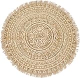 Teppich rund mit goldenem Print - 90 cm geflochtener Jute Teppich orientalisch Wohnzimmer Teppich