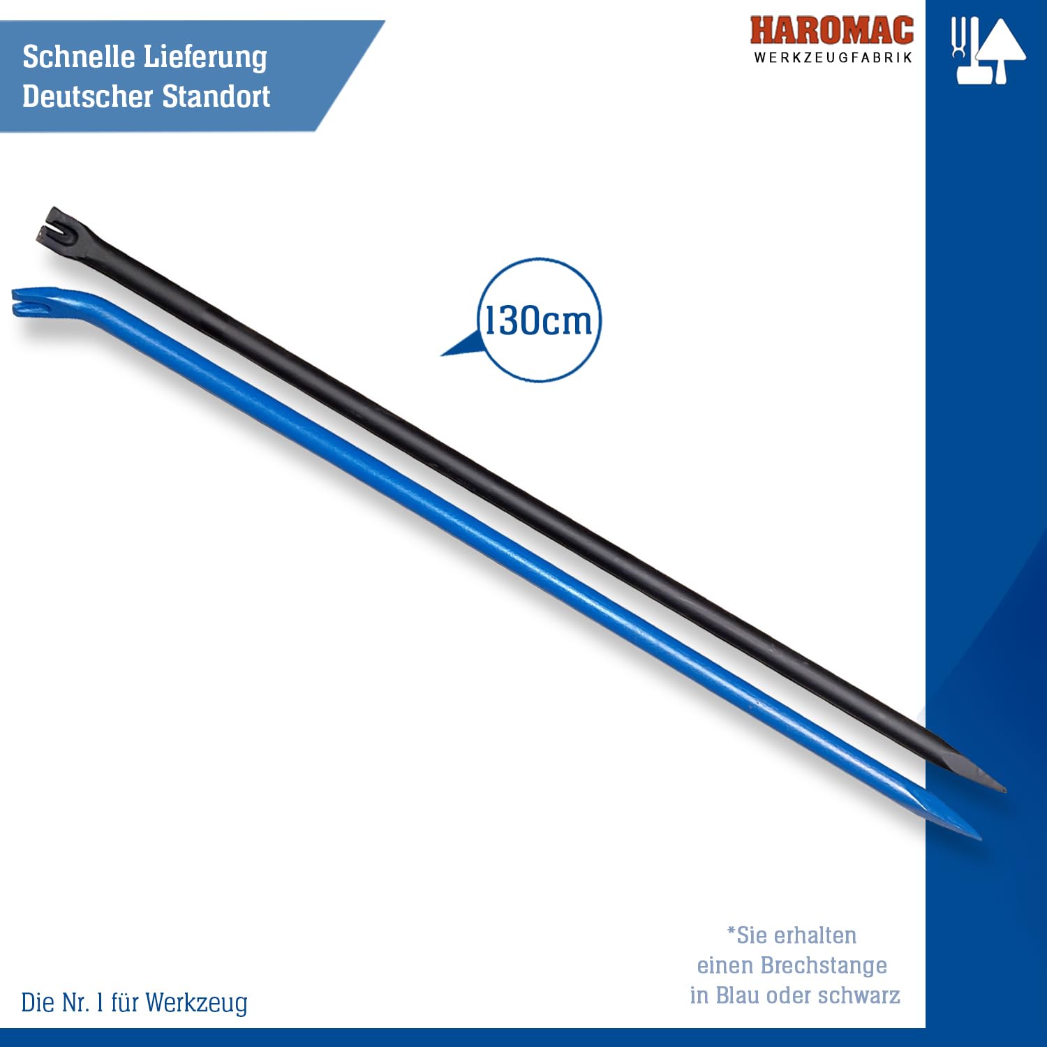 HAROMAC Brechstange doppelseitig mit Spitzmeißel & Nageleisen-Kuhfuß, Hebeleisen lang 125x3cm, gehärterter C45 Stahl, Abbruchwerkzeug für Abrissarbeiten, Brecheisen für schweren & harten Materialien