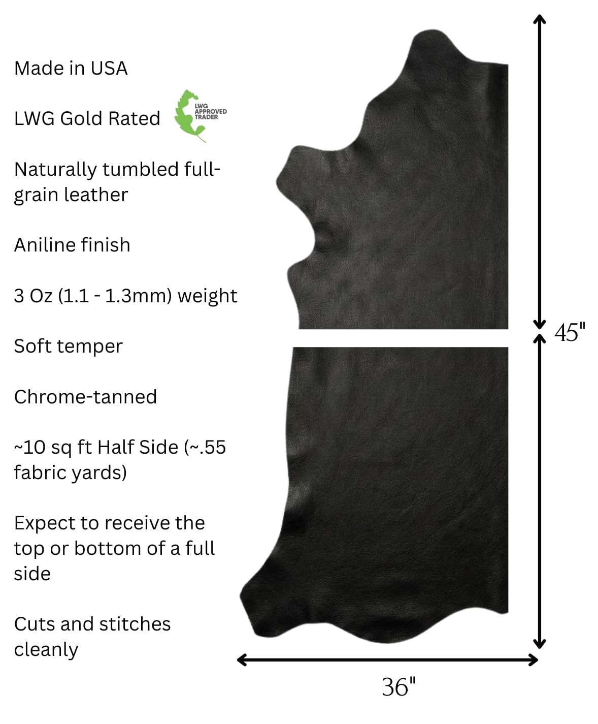 Natürliche Rindslederhaut (schwarz, 3 m²)