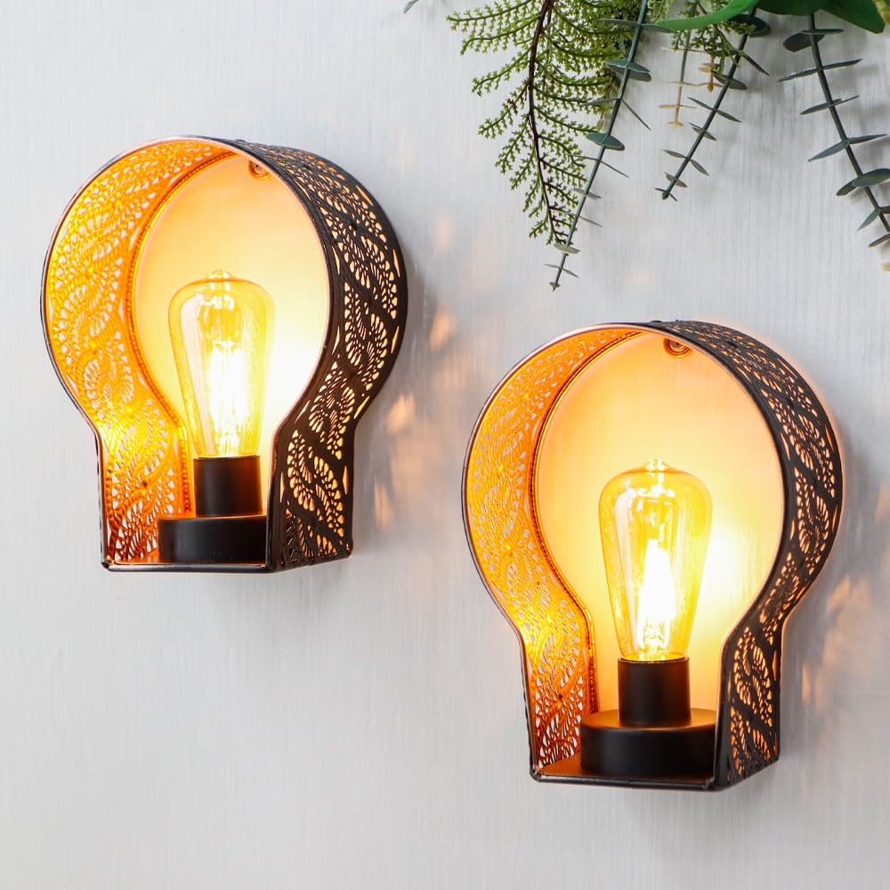 JHY DESIGN Set of 2 Battery Operated Lamp Unique Cordless Sconces Lantern Metal Cage Wall Mount Lights with 6-Hour Timer for Home Living Room Bedroom Kitchen Hallway Stairway