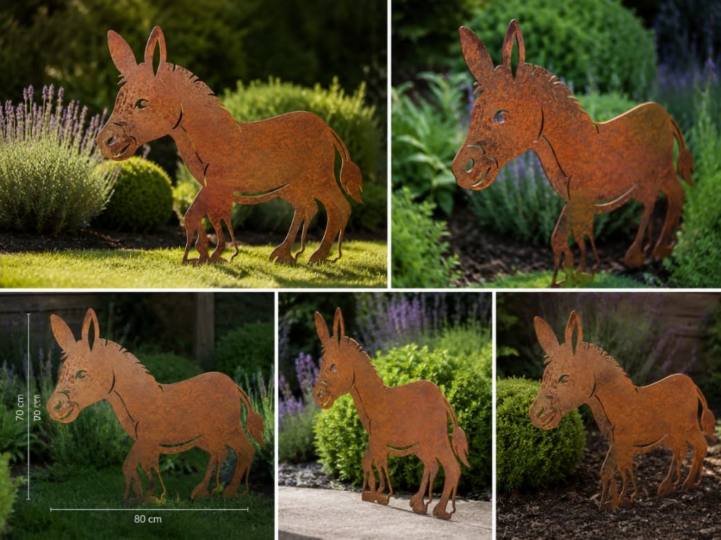 Kapaga - Figurine de jardin en métal rouillé sur pattes à enfoncer - Figurine animale décorative - Décoration de jardin - Âne - Hauteur 58 cm
