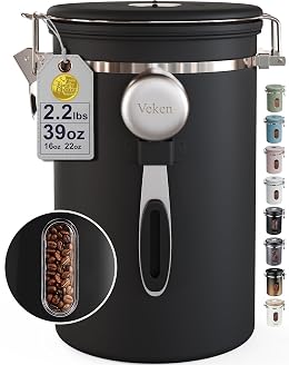 Veken Large Coffee Canister with Window, Kitchen Food Storage Airtight Stainless Steel Container for 2.2lbs Coffee Beans, Grounds, Rice,Tea, Flour, Cereal, Sugar Jars,Date Tracker and Scoop 39oz,Black