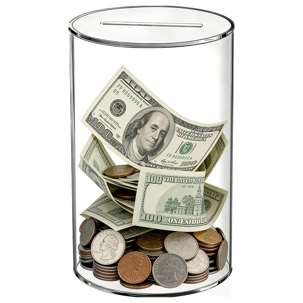 XEERUN Clear Acrylic Money Box,12 x 12 x 20cm Money Saving Box Break to Open, Clear Piggy Bank for Adults Kids, Unopenable Round Money Box for Better Saving Cash or Coins