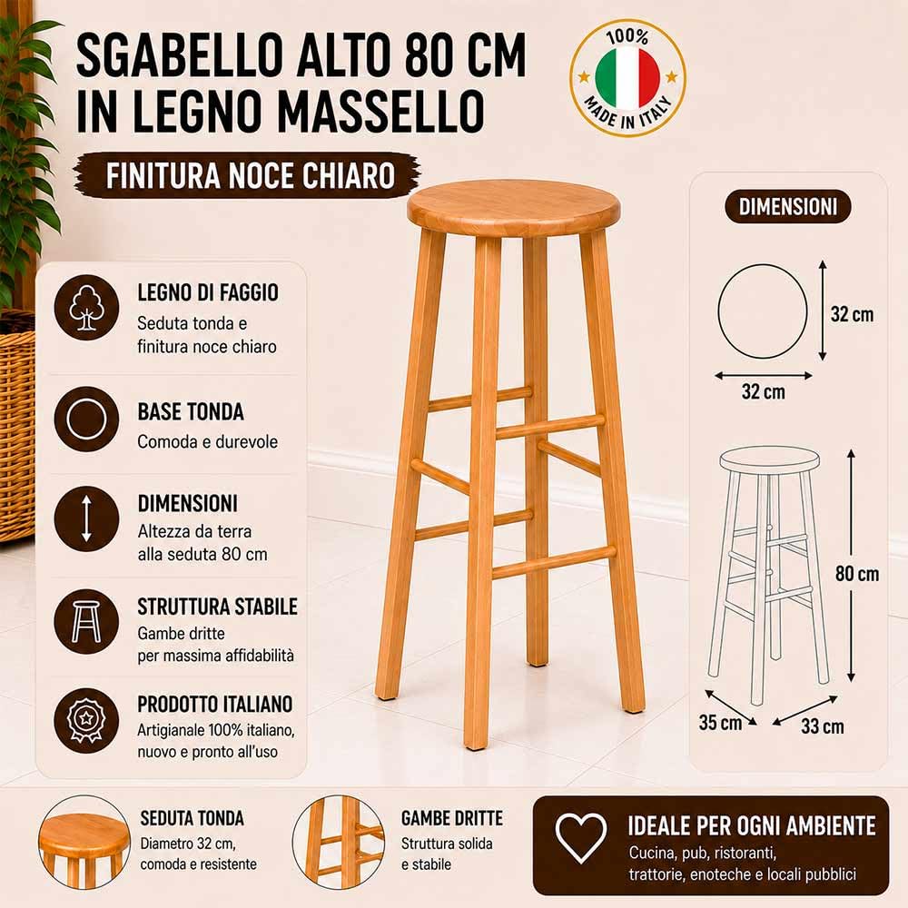 Sgabello di legno con seduta rotonda h80 cm in noce chiaro gamba dritte