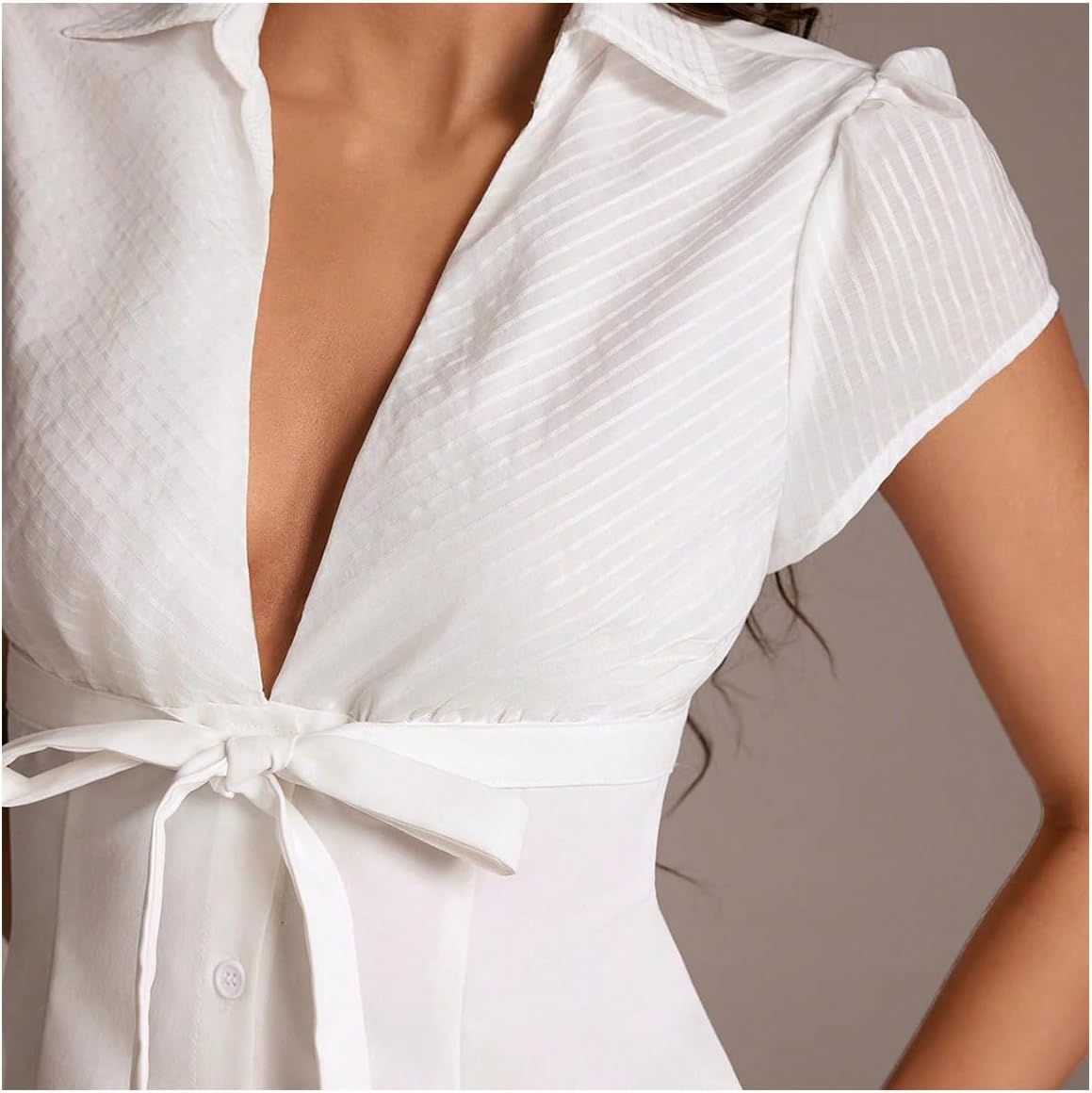 SweatyRocks Women's Bow Tie Front Cap Sleeve Button Down Shirt Deep V Neck Blouse Top - Image 4