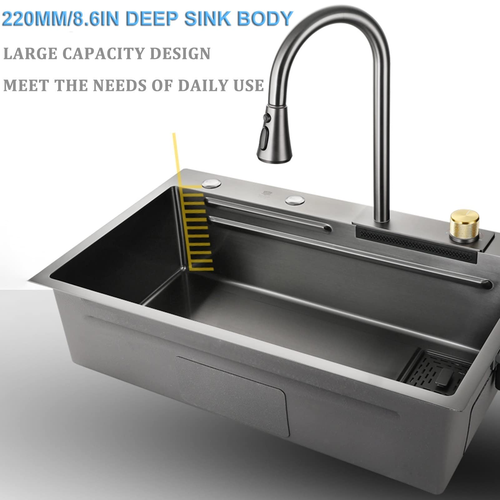 Fregadero de cocina de acero inoxidable con grifo en cascada, diseño de cuenco único, juego completo de accesorios para instalación de doble montaje, acabado negro moderno