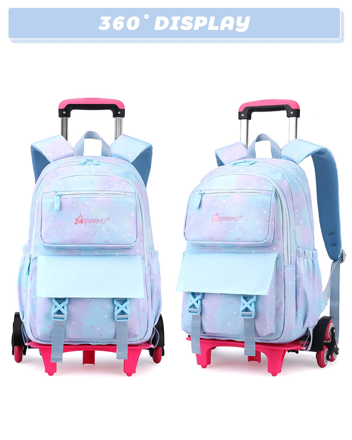 Tanou Mochila con Ruedas Niña, Ligero Mochilas Escolares Infantil con Ruedas, Mochila con Carro para Escolar Viajes, 16 Pulgadas, Estrella Azul