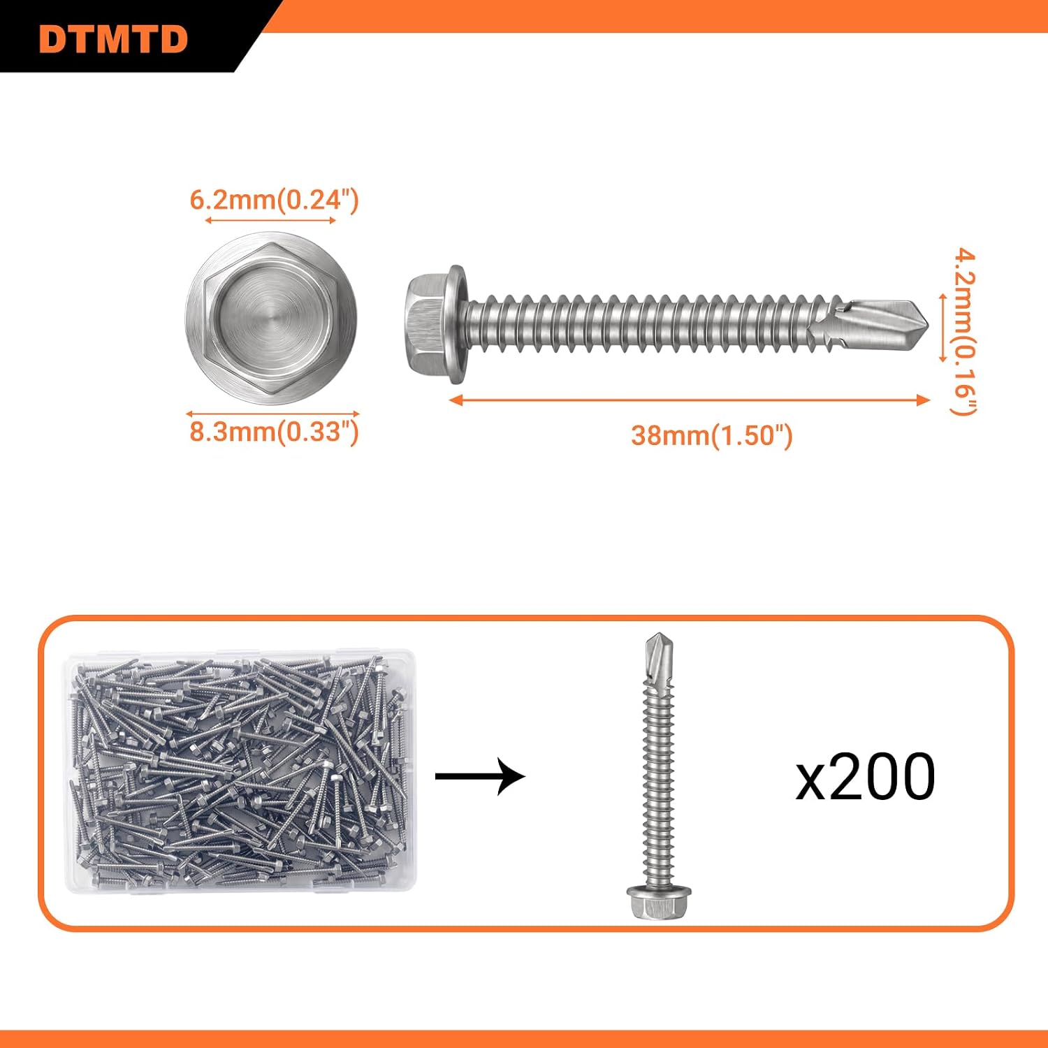 200 PCS M4.2 * 38mm Self Drilling Screws for Metal Stainless Steel Hardware Hex Washer Head Self Tapping Sheet Metal Fasteners 410 Stainless Raw Metal
