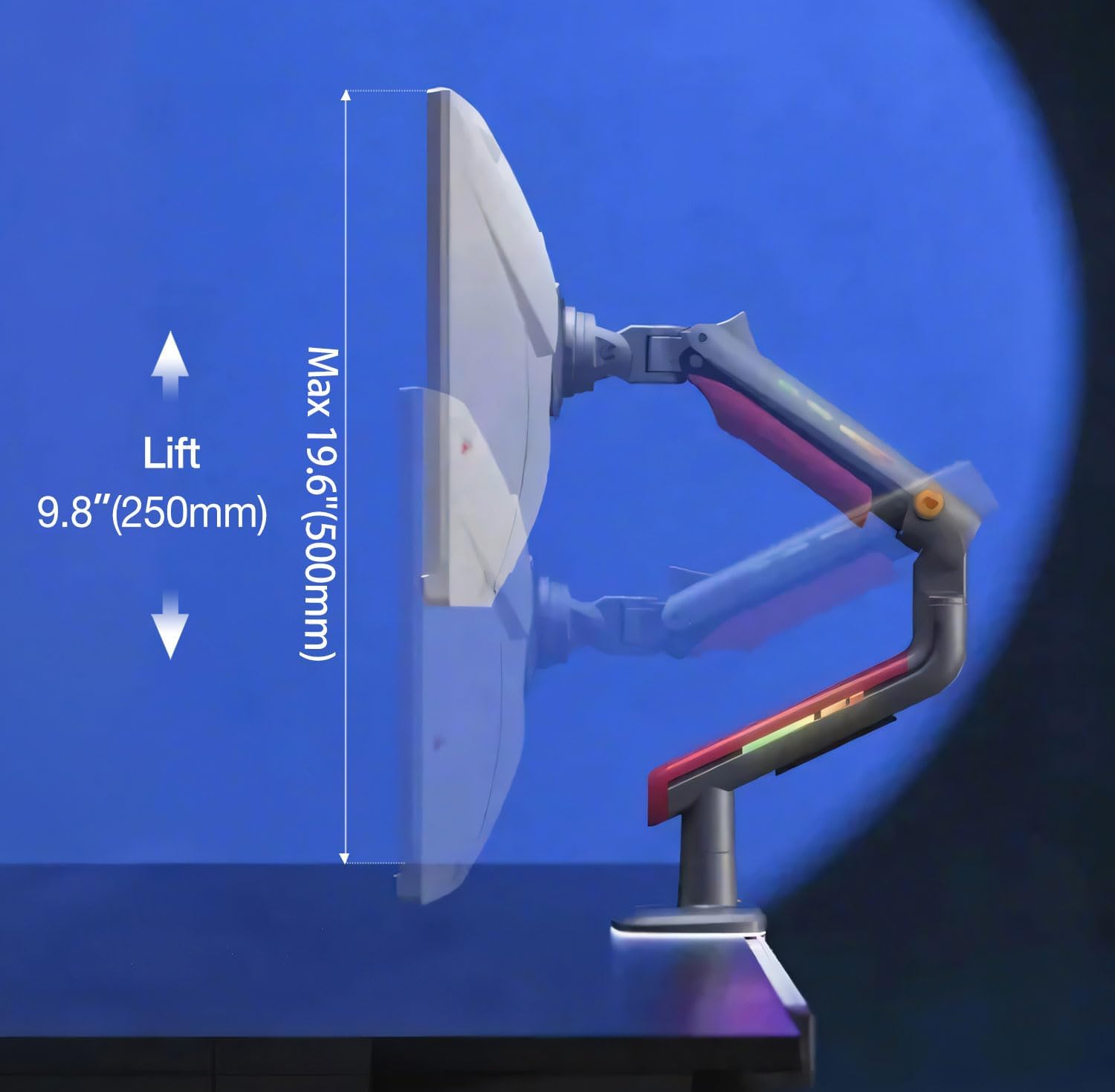 Monitor arm demonstrating its vertical lift capability, showing a maximum lift of 19.6 inches (500mm).