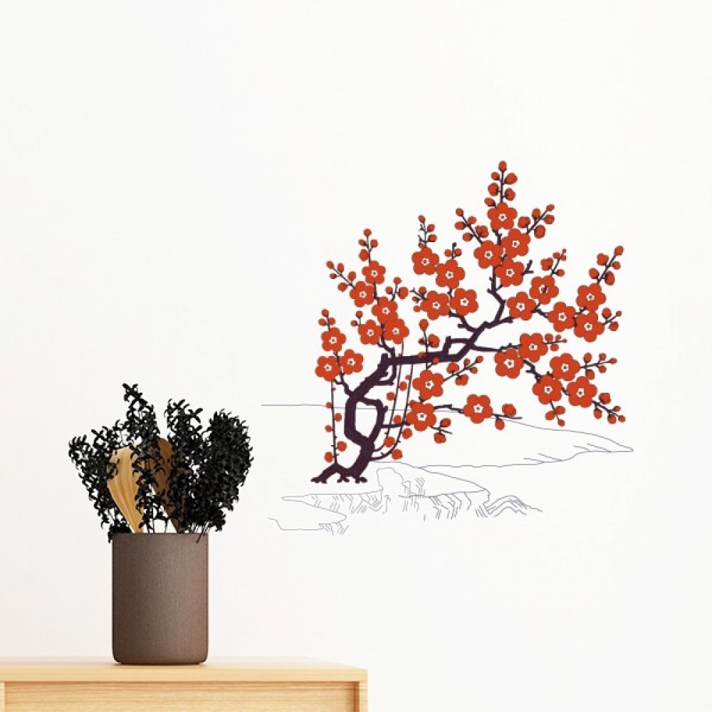 Autocollant mur amovible peinture culture japonaise fleur rouge pour relooker un mur