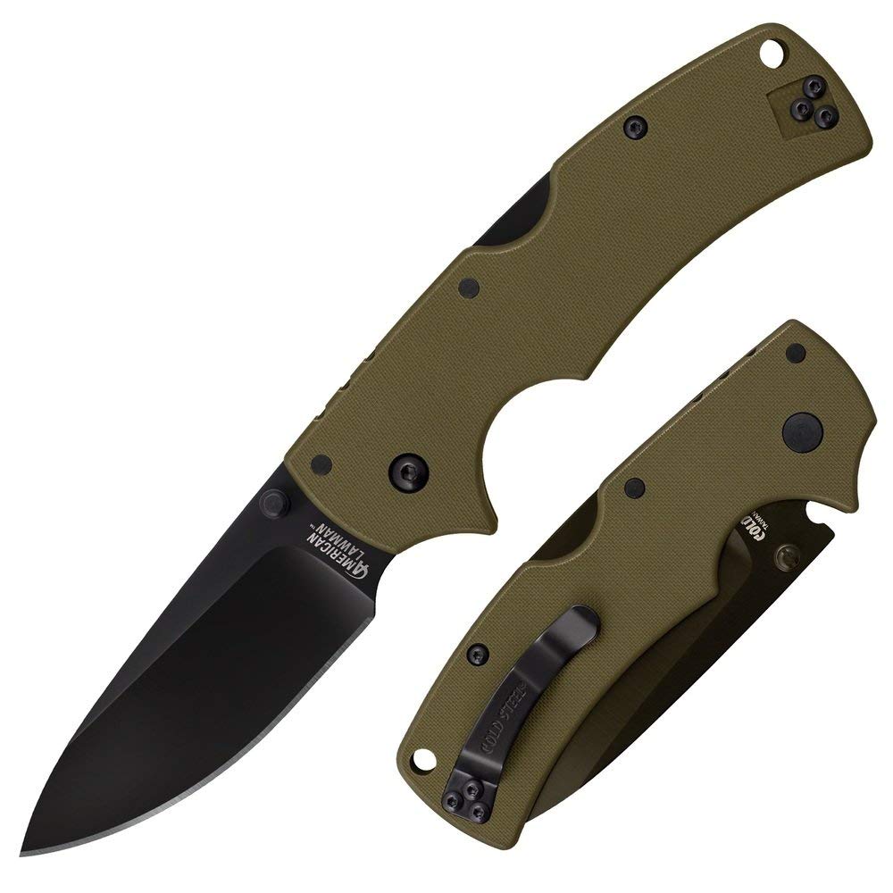 Cold Steel Unisex's, amerykański Lawman, 9,5 cm składany nóż, kropla, gładka krawędź, wykończenie, stal XHP, podwójny klips na kciuk/kieszonkowy klips, OD zielony