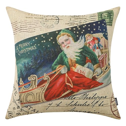 TRENDIN Santa Claus Pillow Cover 18X18 for Couch Vintage Christmas Decor Square Linen Cushion Case Sofa Holiday Home Decorations PL1108TR