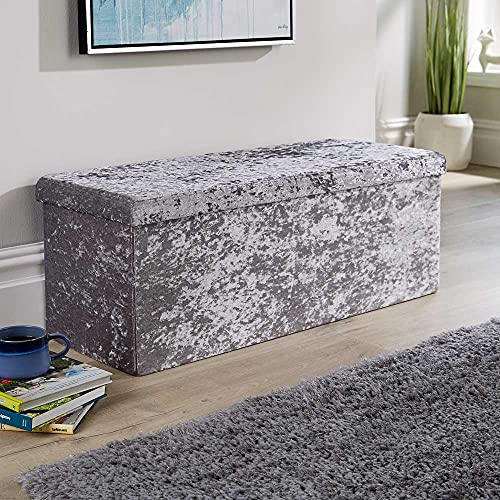 Home Source Extra Large Folding Ottoman Velvet Fabric Storage Chest, Ice Grey, 100cm