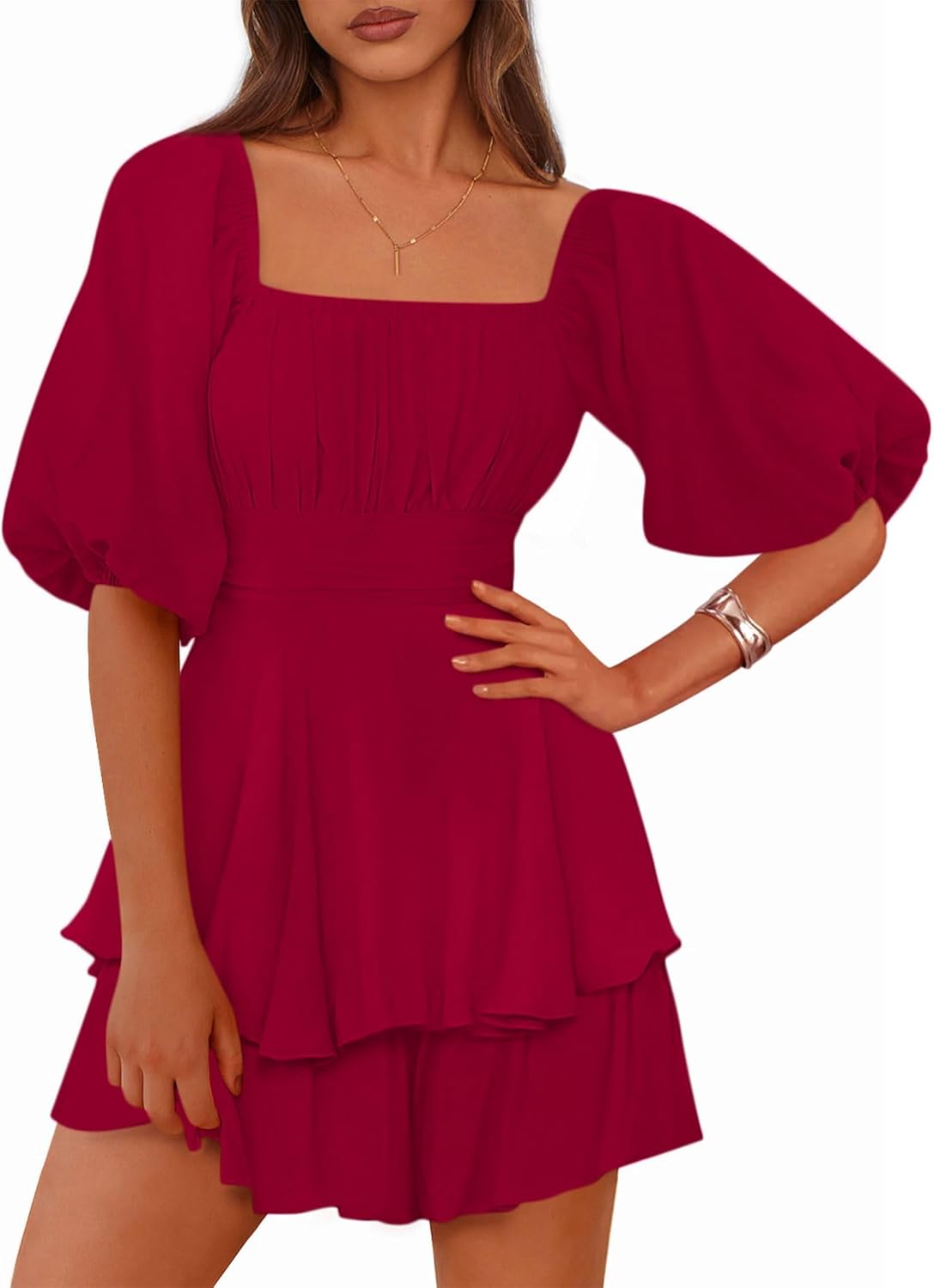 Zenlonr Women's Summer Romper 2025 Casual Puff Short Sleeve Ruffle Layer Tie Mini Short Jumpsuits Beach Party