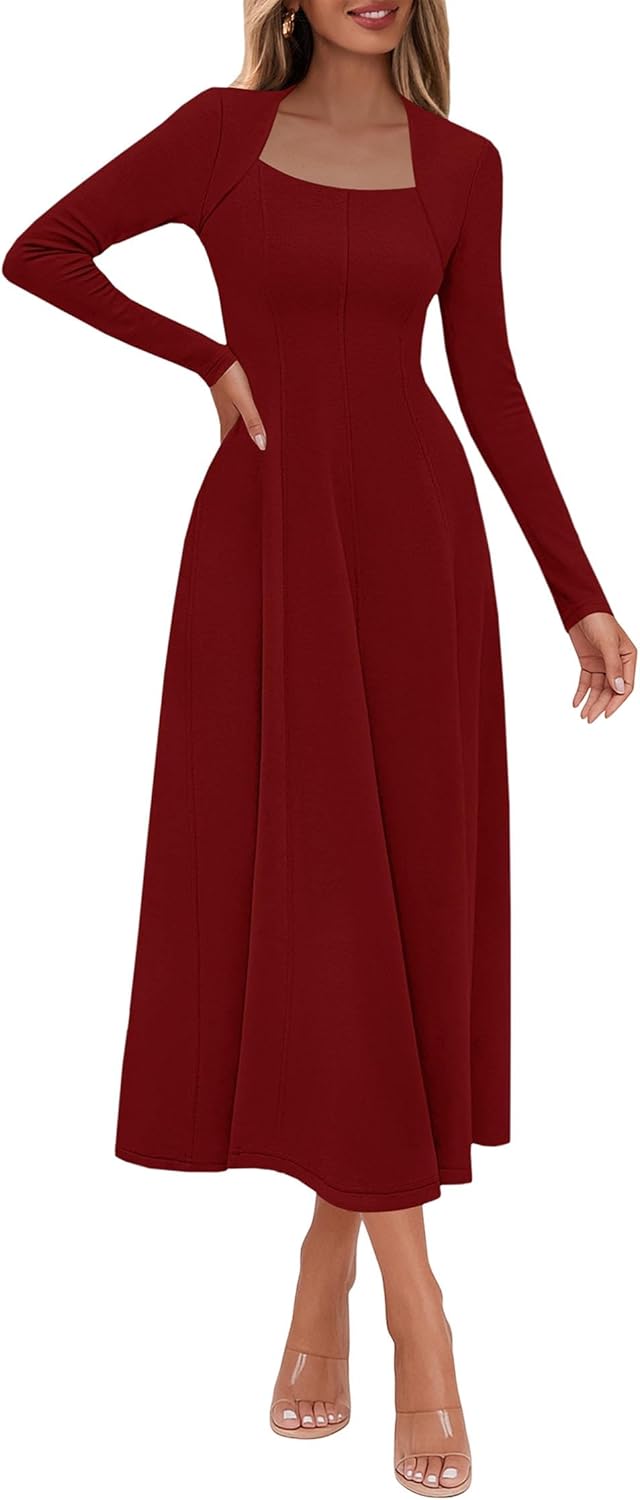 Lazysmile Long Sleeve Fall Dresses for Women Square Neck A Line Flowy Casual Elegant Wedding Guest Party Maxi Dress