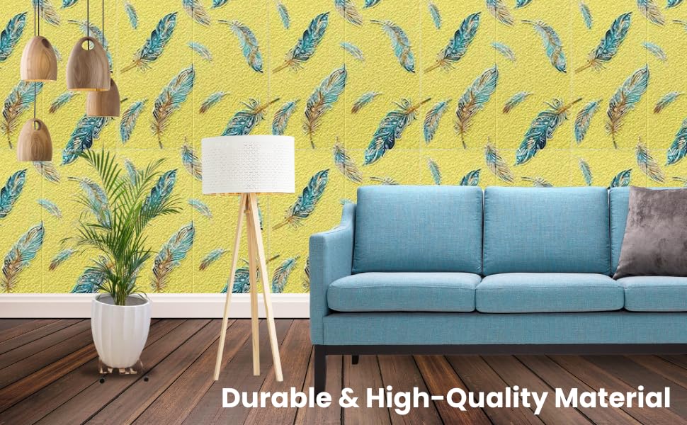 Image of KASHIVAL Self-Adhesive Waterproof PE Foam 3D Wall Panels Wallpaper Sticker for Bathroom, Living Room, Hotel and Home Decoration (70 x 70cm, Appx. 5.3Sq Feet) (JD Yellow Feather)