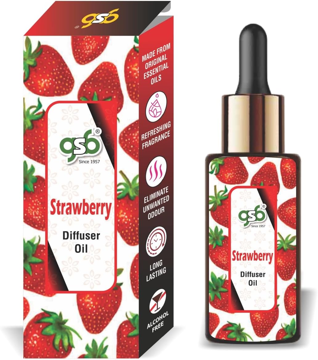GSB Strawberry Diffuser Oil | Used In Reed Diffuser, Candle Burner, Electric Diffuser, Humidifiers and Air Revitalizer | Natural Long Lasting Aroma Oil | Alcohol Free | Pure Aromatherapy (15ml)