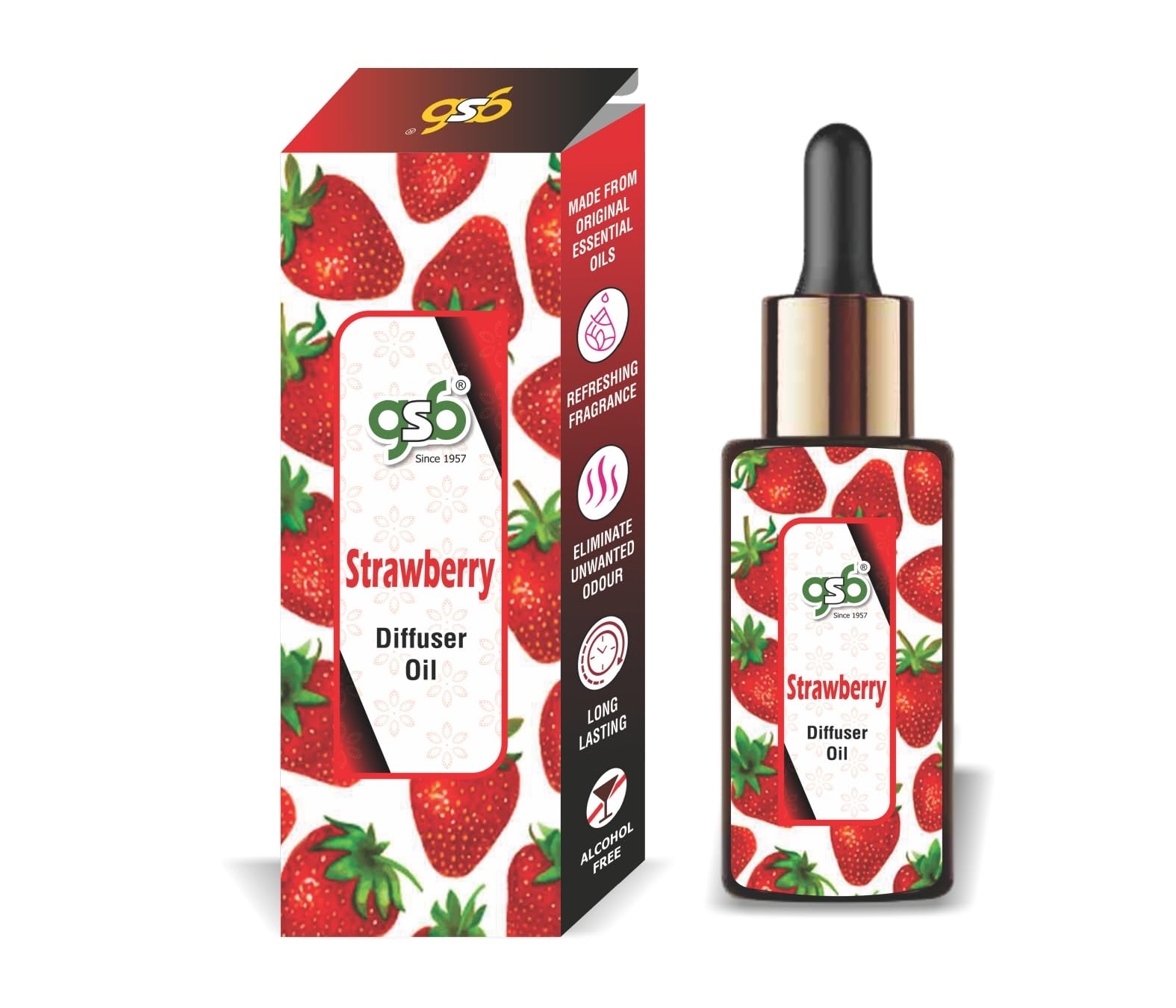 GSB Strawberry Diffuser Oil | Used In Reed Diffuser, Candle Burner, Electric Diffuser, Humidifiers and Air Revitalizer | Natural Long Lasting Aroma Oil | Alcohol Free | Pure Aromatherapy (15ml)