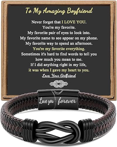 Regalo para hombres, pulsera infinita para hombres, papá, marido, novio, hijo, nieto, hermano, sobrino, tío marrón, cuero trenzado para siempre,