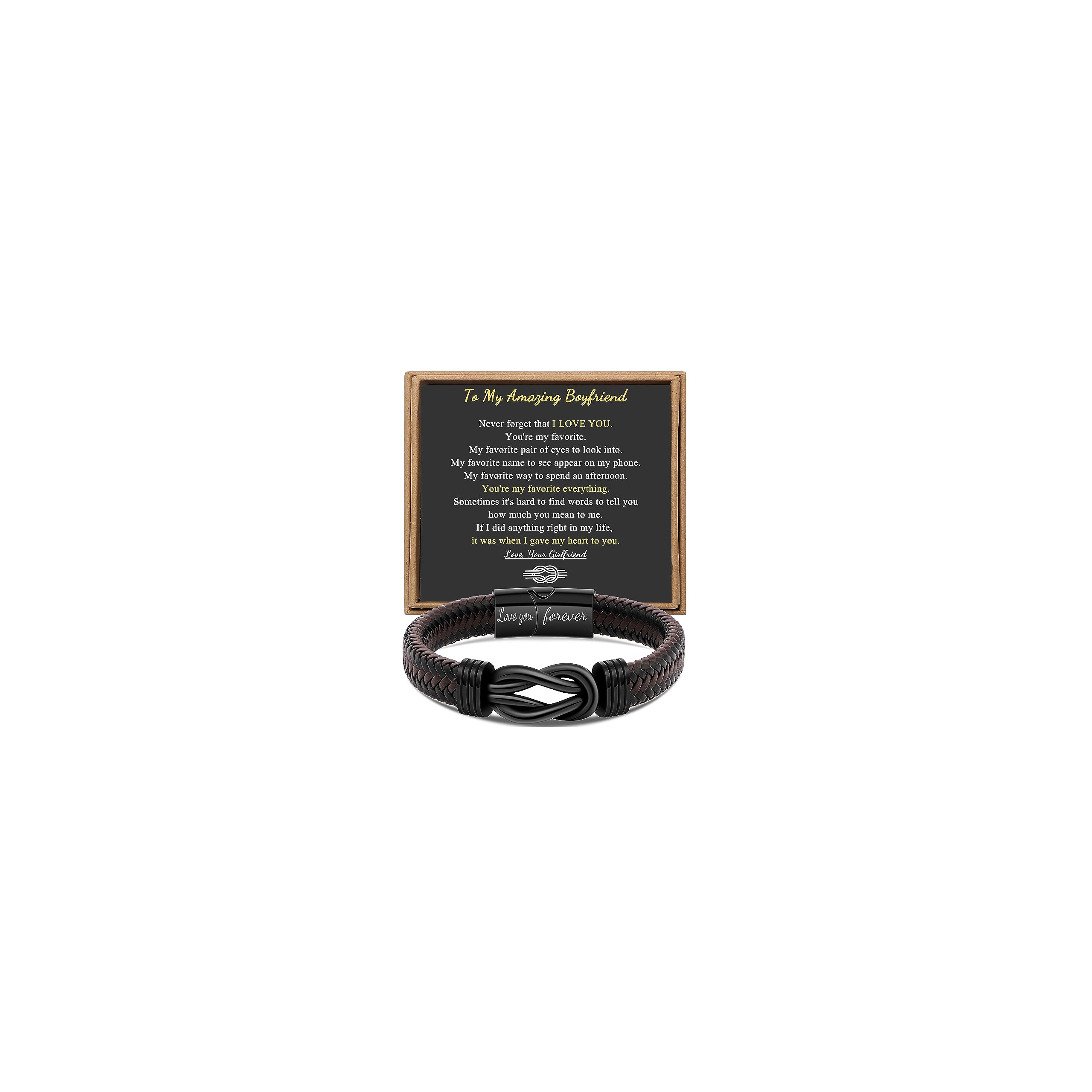 Gift for Men Infinity Bracelet for Men Dad Husband Boyfriend Son Grandson Brother Nephew Uncle Brown Braided Leather Forever Linked Together Stainless Steel Engraved with Love You Forever Jewelry 7.5|8.5|9 Inches