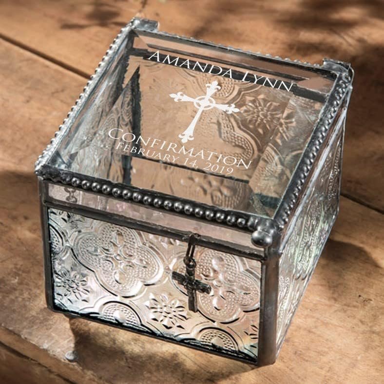 Regalo de confirmación recuerdo personalizado grabado personalizado vintage vitral joyería baratija rosario caja J Devlin 631 EB221