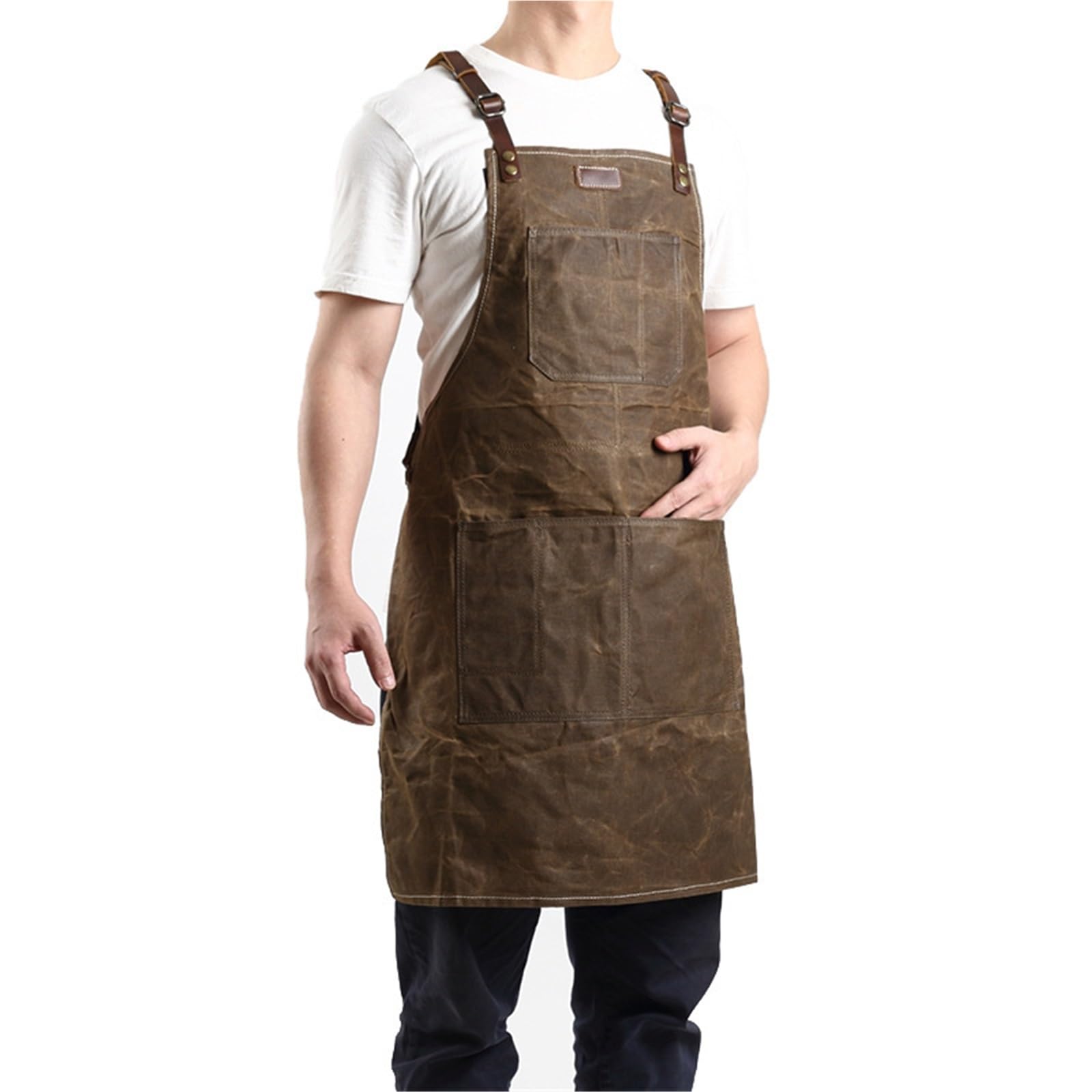 Grembiule da lavoro in tela cerata con grembiule in pelle, grembiuli giardinaggio, for barbecue, barbiere, falegname, pittore, riparatore per Uomo