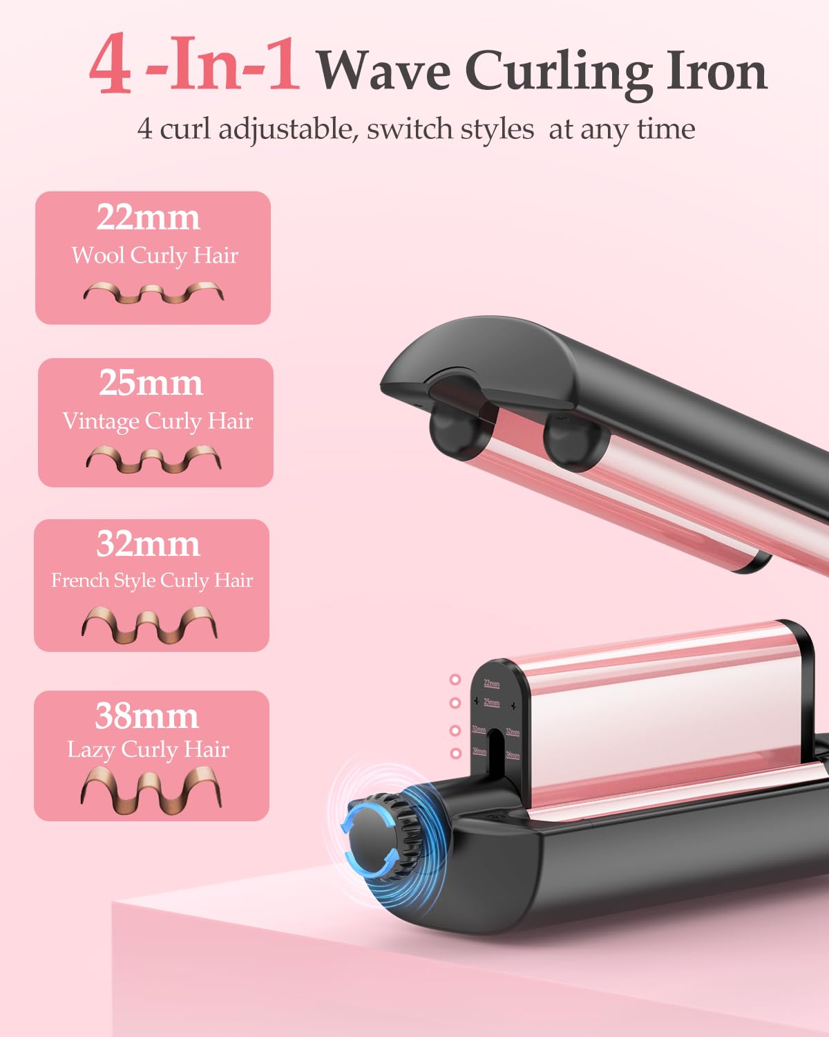 Raglory 4 in 1 Adjustable Hair Crimper Waver，3-Barrel Curling Iron with 4 Heat Settings(280℉-410℉), Crimping Iron with Digital Display, 30S Fast Heat Up and Anti-Scald Design, Rose Gold — view 2