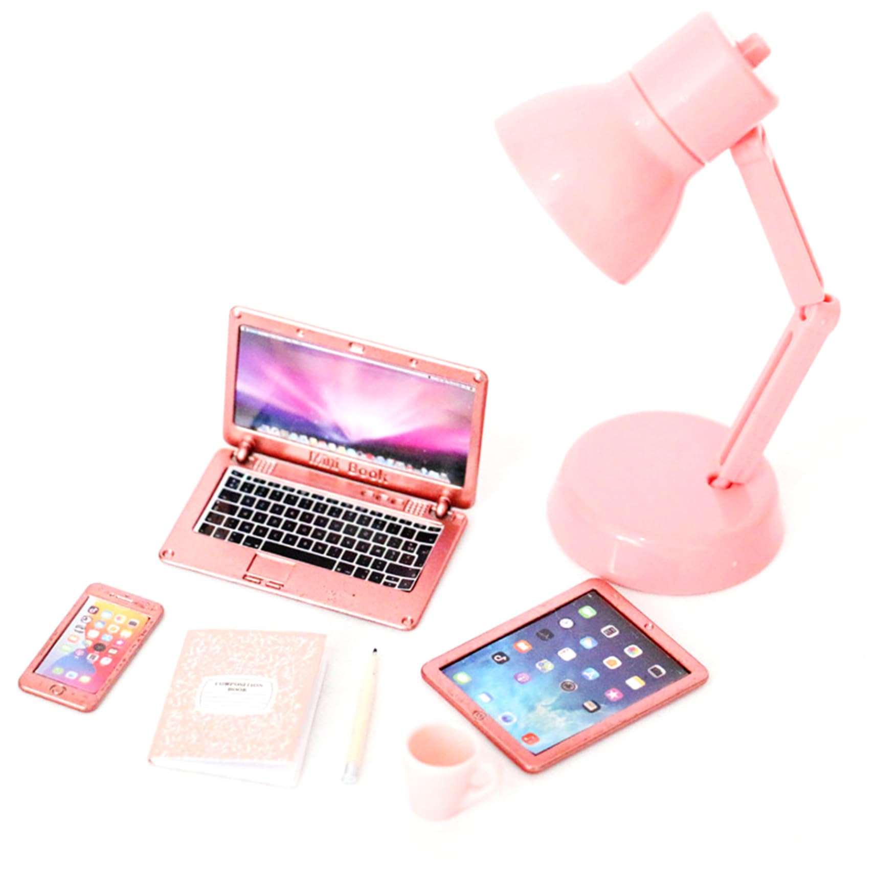 6Pcs/Set Dollhouse Accessories, Mini Laptop Tablet Phone Mini Books Cup Pencil, Miniature Office Set Realistic 1/12 Scale Accessories for Dollhouse Crafts Scene