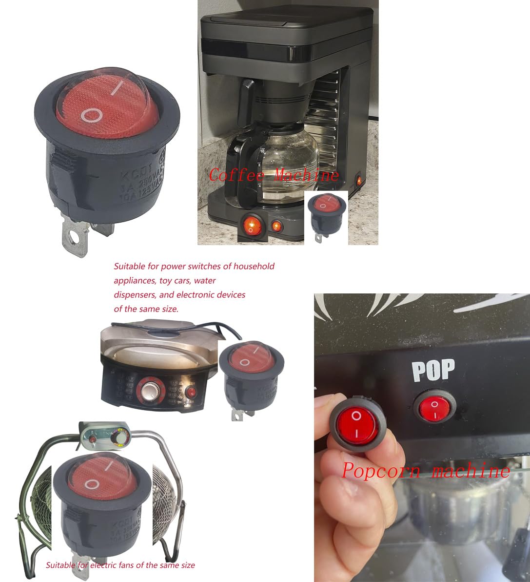 3pin 2position KCD1-105 20mm Diameter Round Red RockerSwitches | Treadmills,Coffee Maker,Lawn Mower,Snow Blower，Electric fireplaces,Hoover Vacuum Parts Replacement