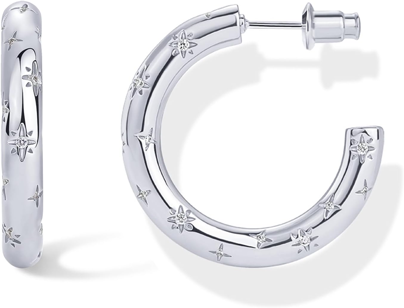 PAVOI 14K Gold Plated Star Shine Hoop Earrings for Women | Cubic Zirconia Celestial Chunky Hoops Earrings