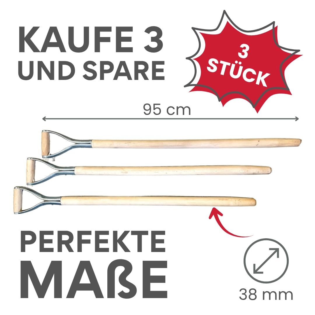 Holzstiele mit Metal, Schaufelstiel, Holzstiel, D Griff Für Spaten, Spatenstiel aus Bochenholz, Ersatzstiele Sehr Stark, Holzstiele für Gartengeräte - 3 STK.