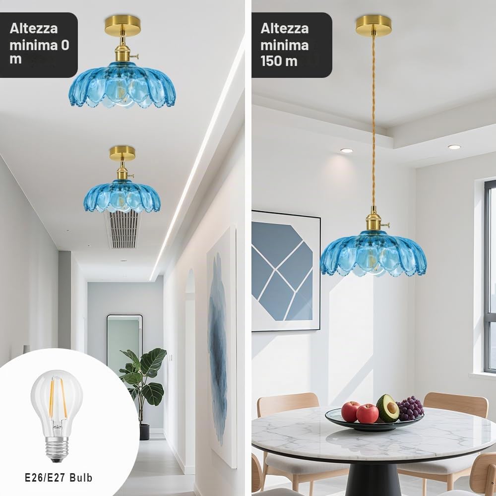 Lampada a sospensione blu a forma di loto, per tavolo da pranzo, in vetro vintage, con attacco E27, regolabile in altezza, moderna lampada a sospensione retrò, paralume in vetro di loto, di