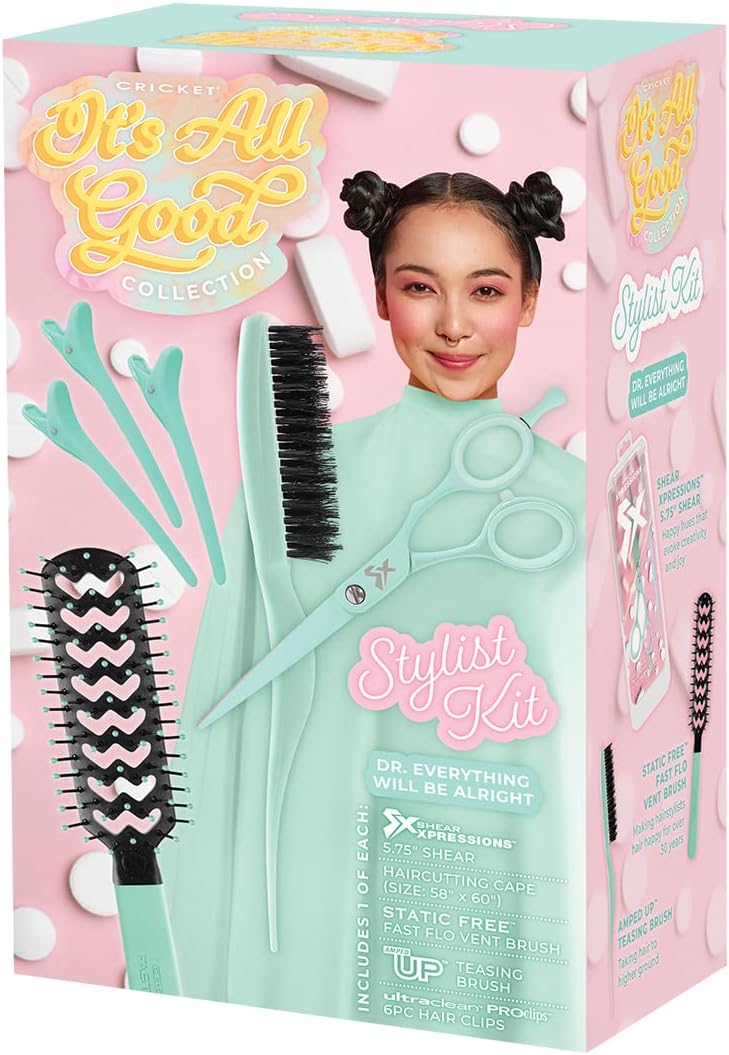 Cricket It’s All Good Stylist Tools Kit - Professional Salon Haircutting Scissors, Hair Cape, Static Free Vent Hairbrush, Teasing Brush, and Hair Clips Set, Dr. Everything Will Be Alright, Mint