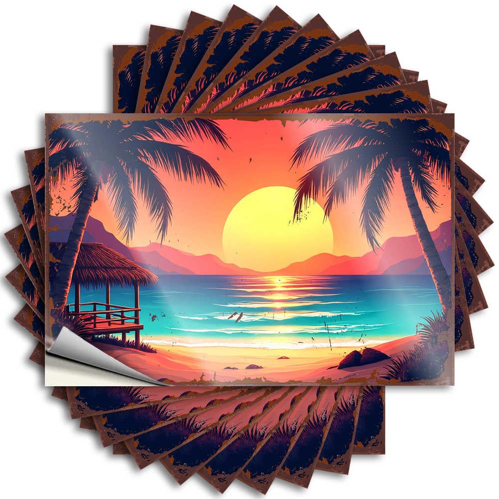 Quote Camper Decorations for Inside Peel and Stick - Palm Trees Frame A Serene Sunset Over The Ocean Hat Square Waterproof Vinyl for Diatomaceous(12X18CM)