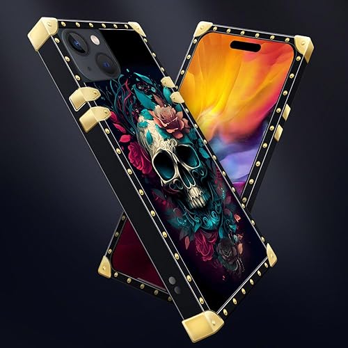 Miniatura 6 de DAIZAG Funda compatible con iPhone 15, calavera con flores para niñas y mujeres, decoración cuadrada de esquina de metal, poliuretano termoplástico