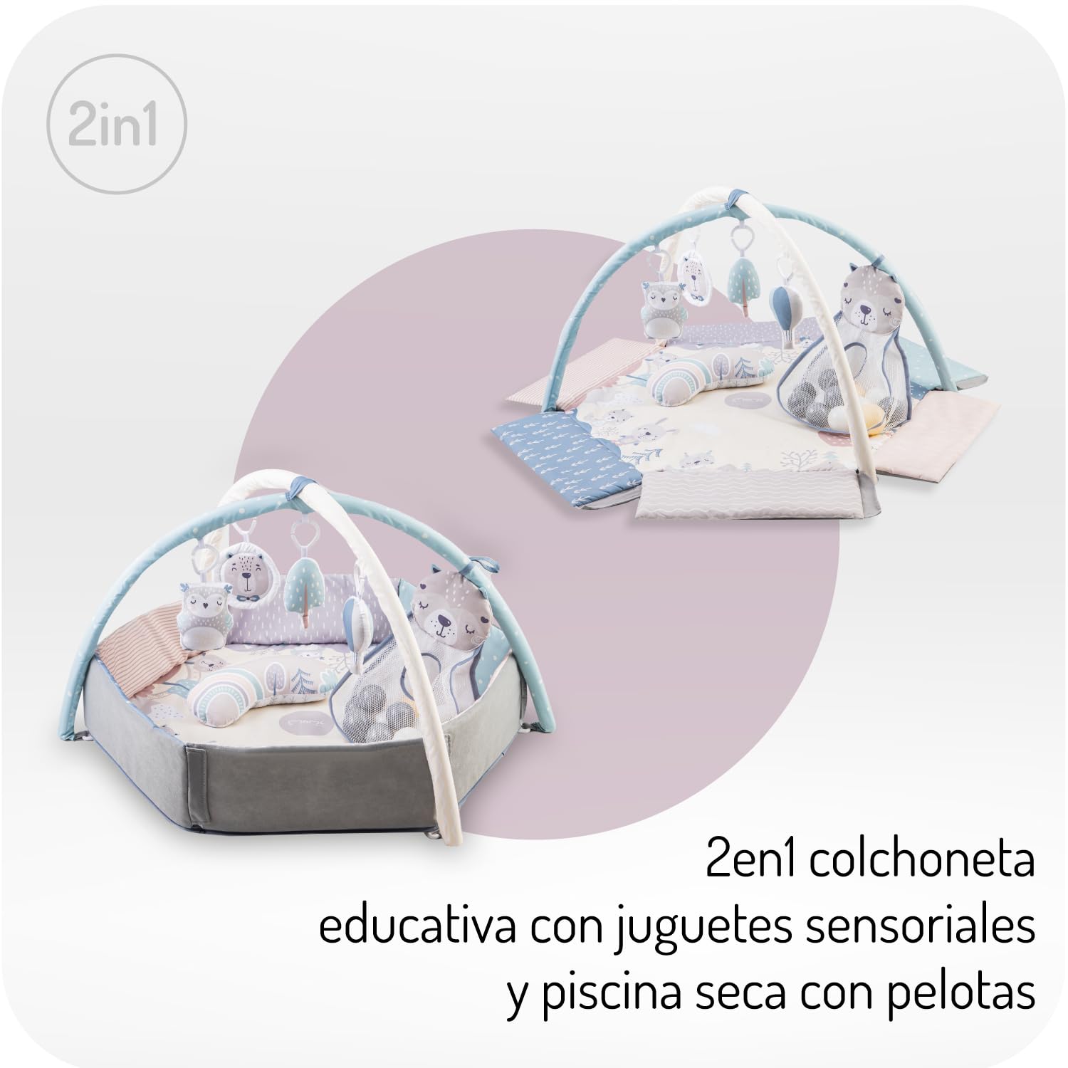 MoMi PASTEL arco de juego con colchoneta para gatear 3 en 1 para bebés desde el nacimiento, colchoneta de actividades sensoriales con 2 arcos, baño de bolas, 5 juguetes