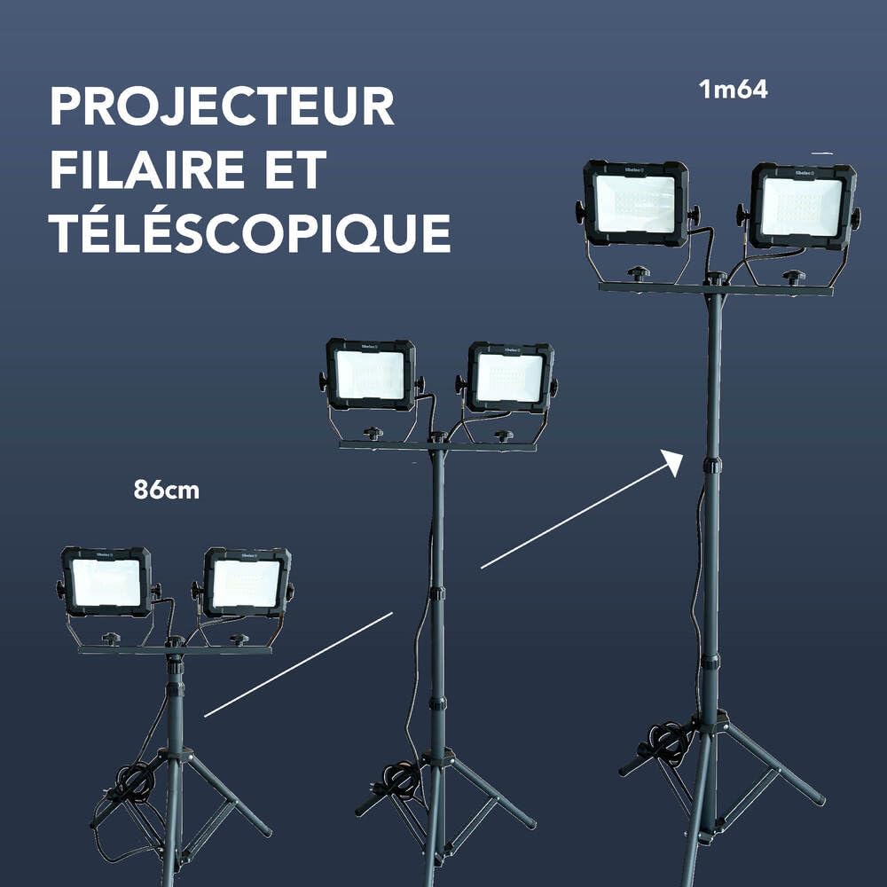 TIBELEC, 347780, Projecteur LED de Chantier, 2 x 50W, 2 x 8200lm, Blanc neutre « lumière du jour », +/- 30 000h, Classe I, Indice de protection : IP65, Orange et noir, 180cm