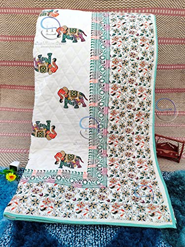 Image of 380 GSM Jaipuri Elephants Printed Winter Cotton Single Bed Quilt Razai - Red, Green, Cream and Multicolor, Rajai, 60X90 Inch