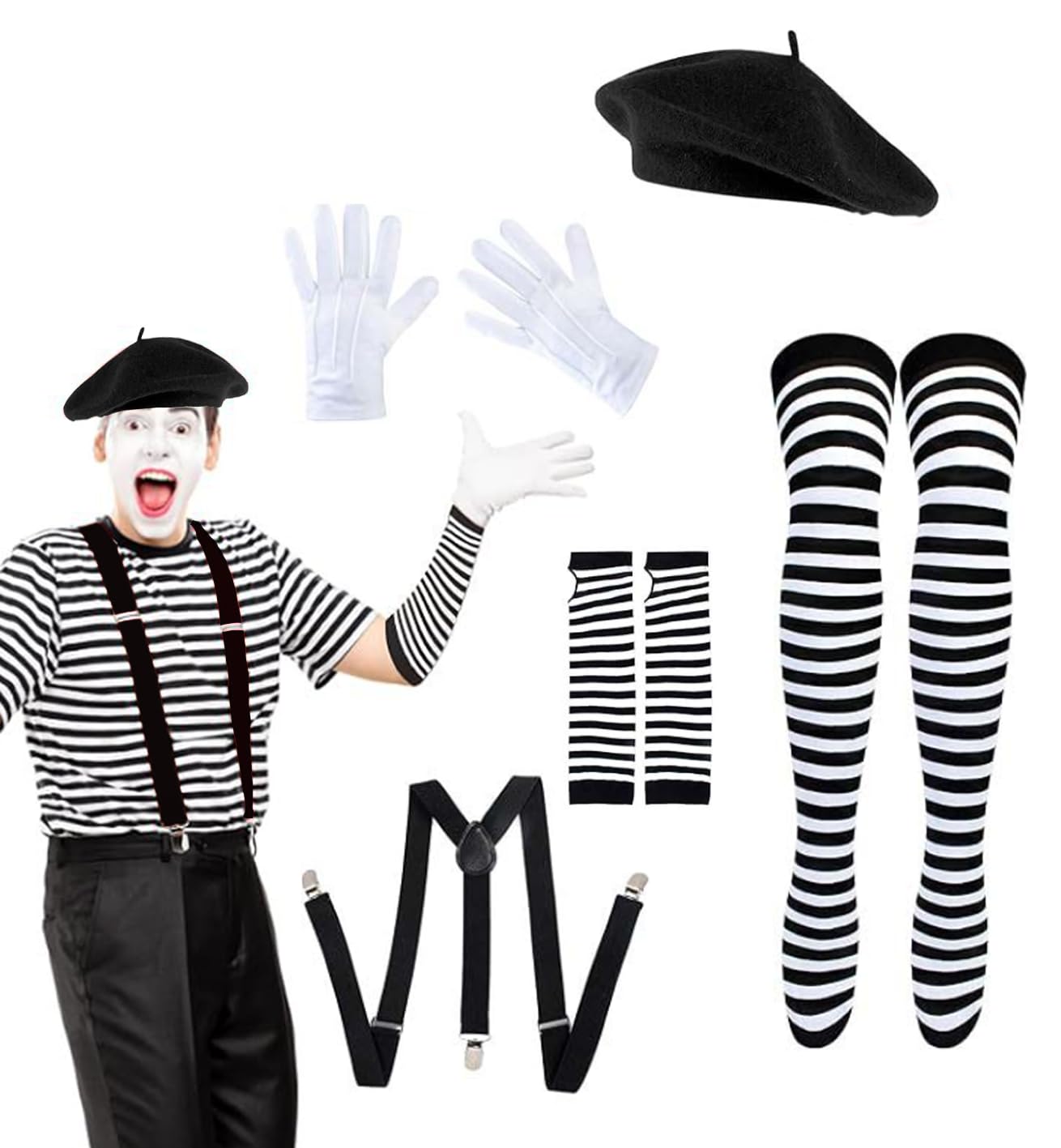 JNGUOSICN 5Pcs French Mime Costume Set Pantomime Fancy Dress Outfit Artist Mime Accessories with French Beret Hat