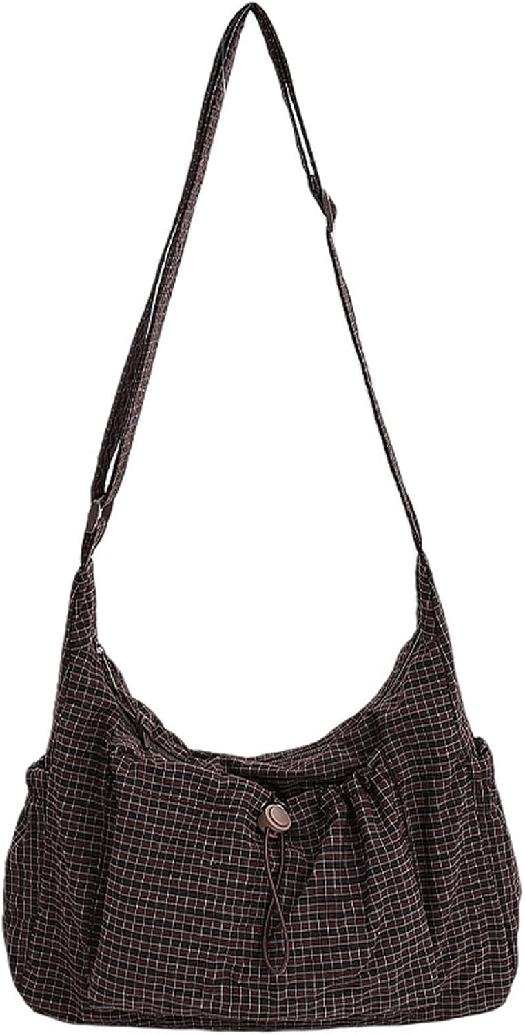 Korean Style Plaid Casual Shoulder Bag, Lightweight Checkered Crossbody Bag with Adjustable Strap, Quilted Fabric (Brown, One Size)