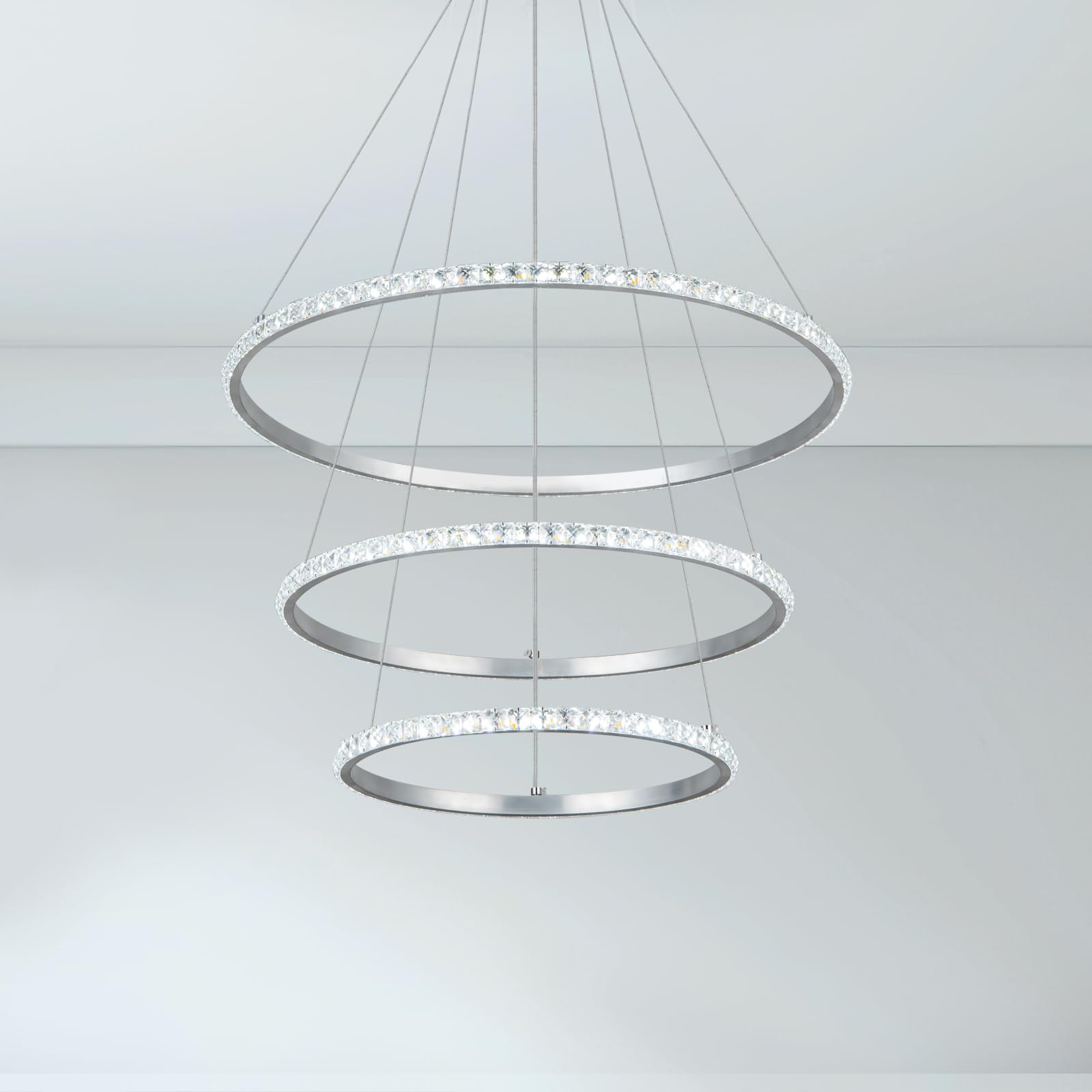 LED Chandeliers Modern 3 Ring Chandelier Crystal Light Fixture Adjustable Pendant Lighting for Living Room Bedroom Dining Room (Cool White)