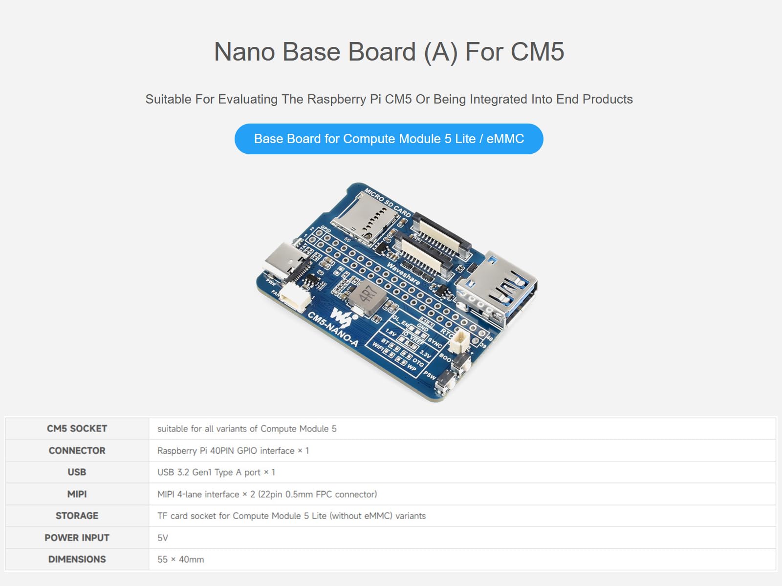 Scheda di Base per Raspberry Pi Compute Module 5 Lite/eMMC, Stessa Dimensione del CM5, con CM5 Socket /40PIN GPIO Header/USB 3.2/MIPI/TF Card Socket Interfaccia ecc.