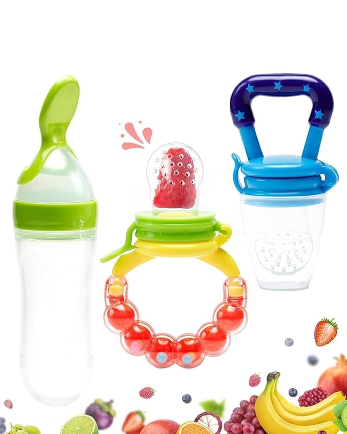 The Cheeky Kidzz Baby 1 Squeeze Silicone Spoon Feeding Feeder with 2 Fruit Food Vegetable Nibblers Soother Teether Set for 6 to 12 Months BPA Free (Design 303)-image-20