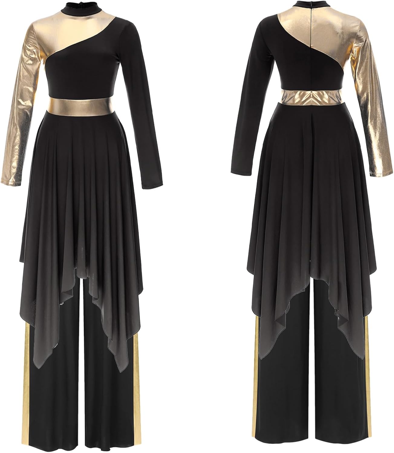 FEESHOW Women's Long Sleeve Irregular Liturgical Praise Dance Dress with Wide Leg Pants Set